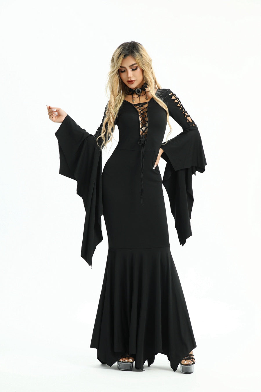 Black 1930s Solid Batwing Lace-Up Fishtail Dress: where 1930s romance meets her modern spirit