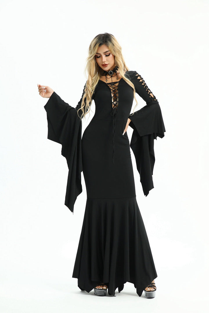 Black 1930s Solid Batwing Lace-Up Fishtail Dress: where 1930s romance meets her modern spirit