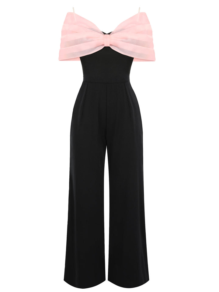 Black 1930s Solid Mesh Bow Jumpsuit, vintage romper, retro jumpsuit - perfect for women who love vintage and retro fashion