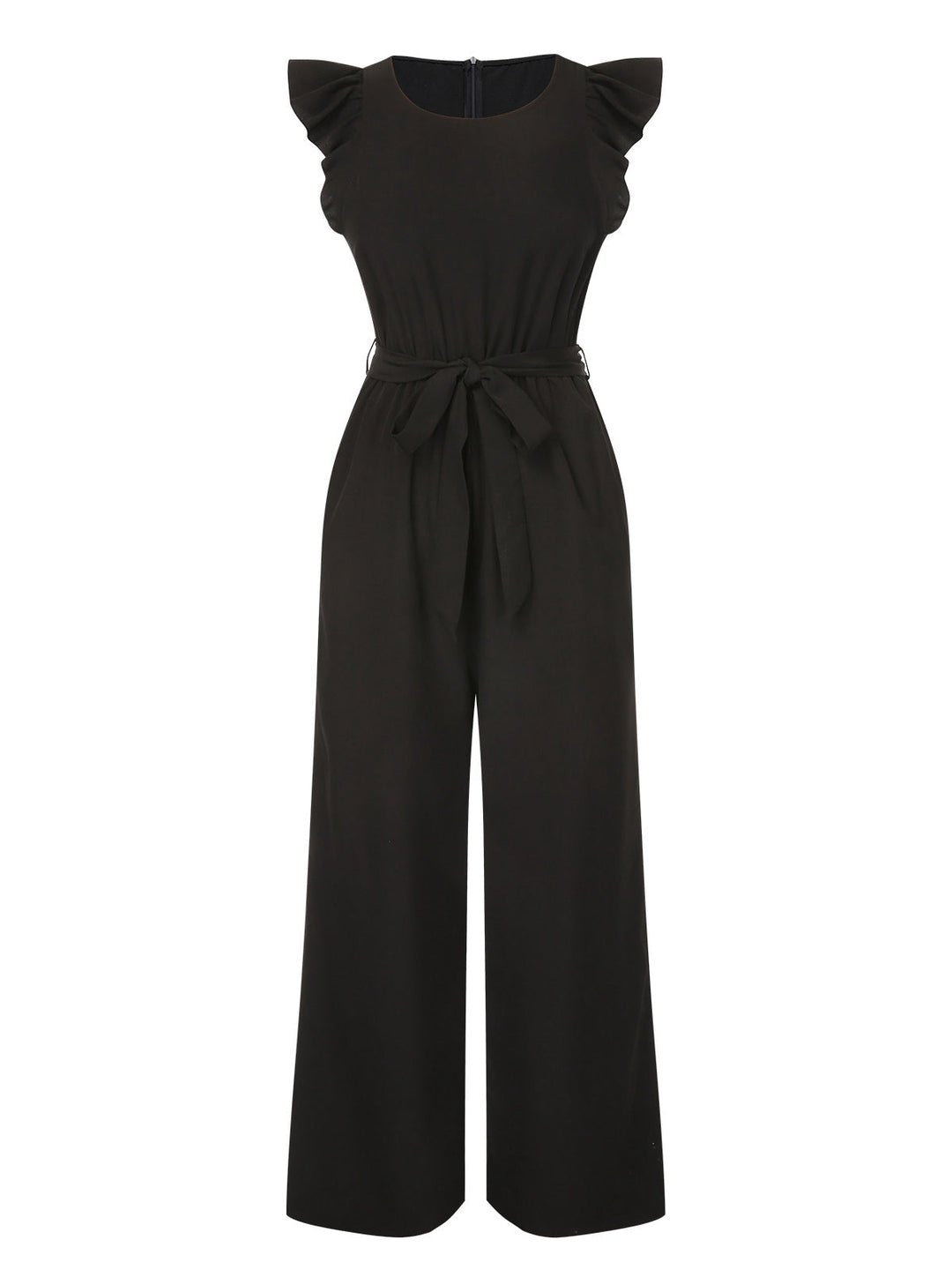 Black 1930s Solid Ruffle Sleeves Belted Jumpsuit, vintage romper, retro jumpsuit - perfect for women who love vintage and retro fashion