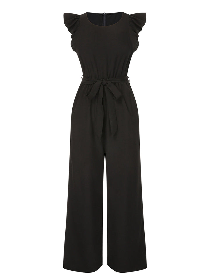 Black 1930s Solid Ruffle Sleeves Belted Jumpsuit, vintage romper, retro jumpsuit - perfect for women who love vintage and retro fashion