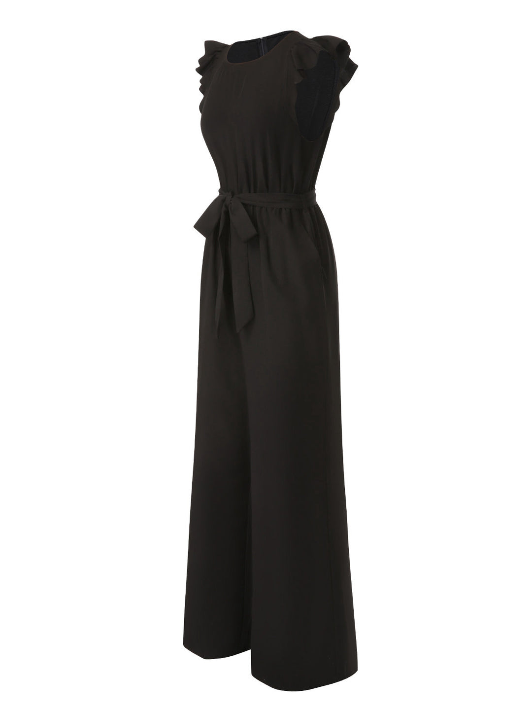 Black 1930s Solid Ruffle Sleeves Belted Jumpsuit, vintage romper, retro jumpsuit - perfect for women who love vintage and retro fashion
