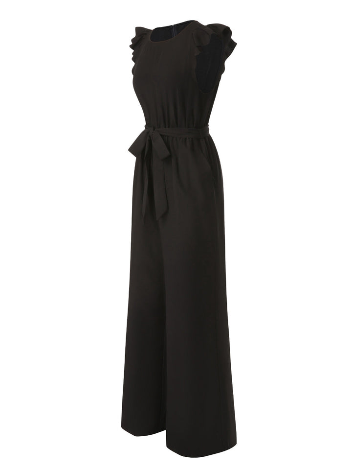 Black 1930s Solid Ruffle Sleeves Belted Jumpsuit, vintage romper, retro jumpsuit - perfect for women who love vintage and retro fashion