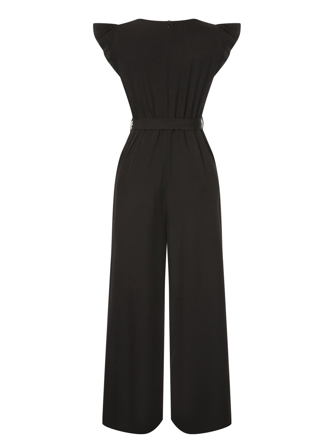 Black 1930s Solid Ruffle Sleeves Belted Jumpsuit, vintage romper, retro jumpsuit - perfect for women who love vintage and retro fashion