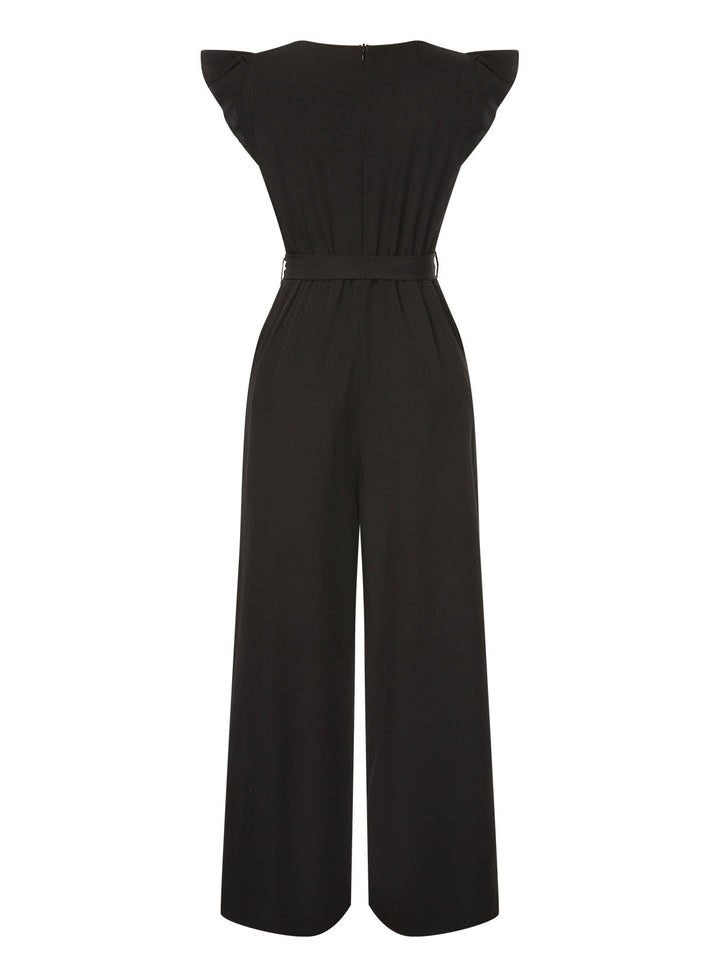 Black 1930s Solid Ruffle Sleeves Belted Jumpsuit, vintage romper, retro jumpsuit - perfect for women who love vintage and retro fashion