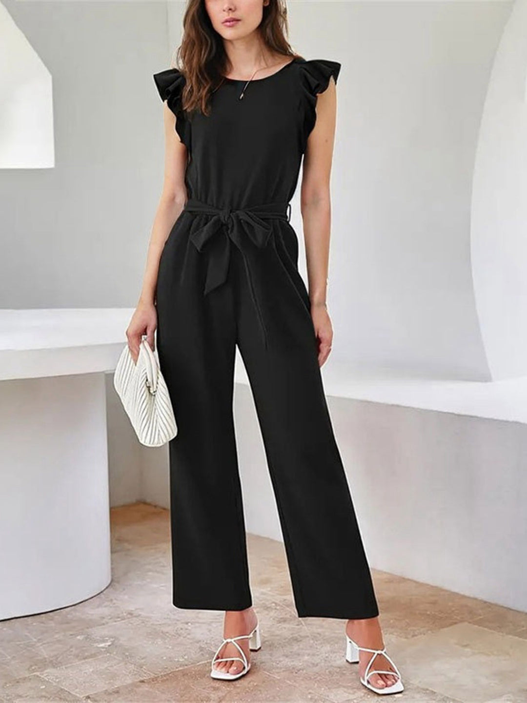 Black 1930s Solid Ruffle Sleeves Belted Jumpsuit, vintage romper, retro jumpsuit - perfect for women who love vintage and retro fashion