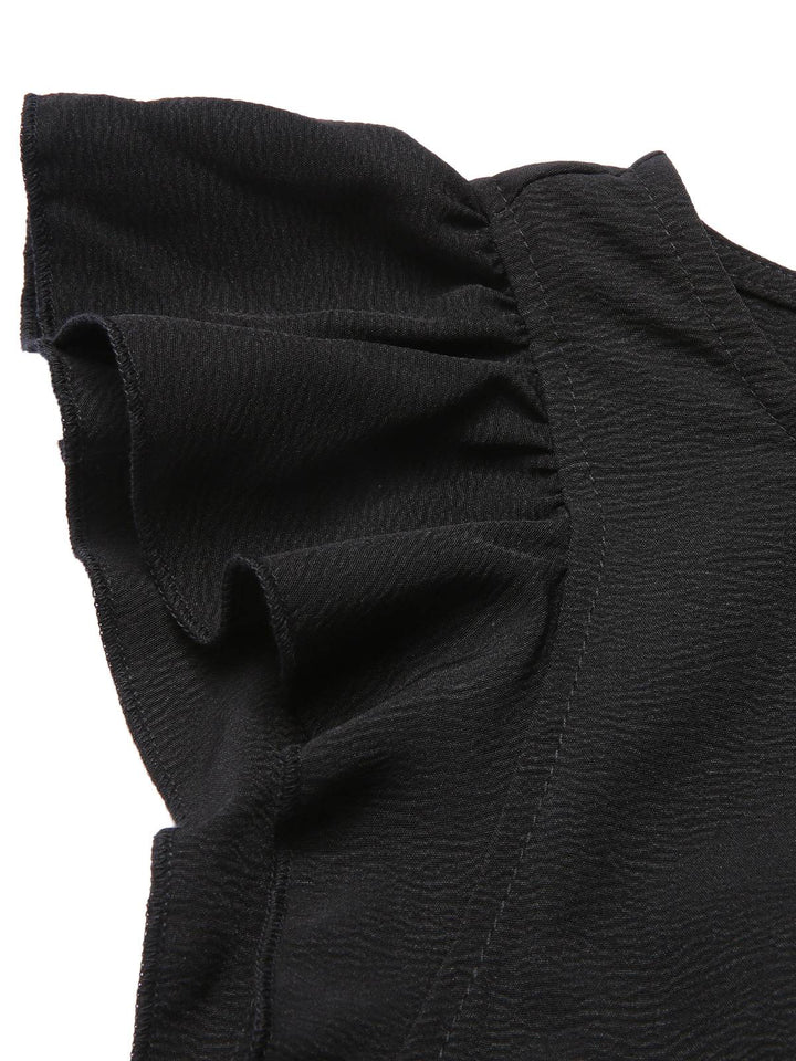 Black 1930s Solid Ruffle Sleeves Belted Jumpsuit, vintage romper, retro jumpsuit - perfect for women who love vintage and retro fashion