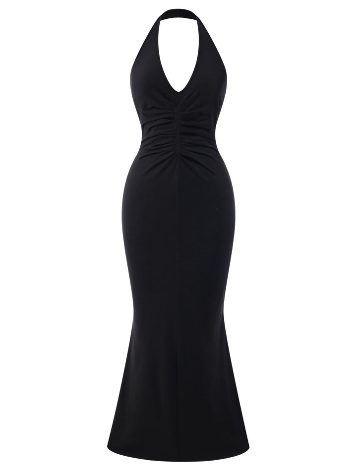 Black 1930s Solid V-Neck Halter Mermaid Dress, vintage dress, retro fashion - perfect for women who love vintage and retro fashion