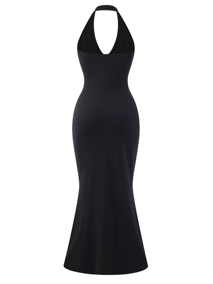 Black 1930s Solid V-Neck Halter Mermaid Dress, vintage dress, retro fashion - perfect for women who love vintage and retro fashion
