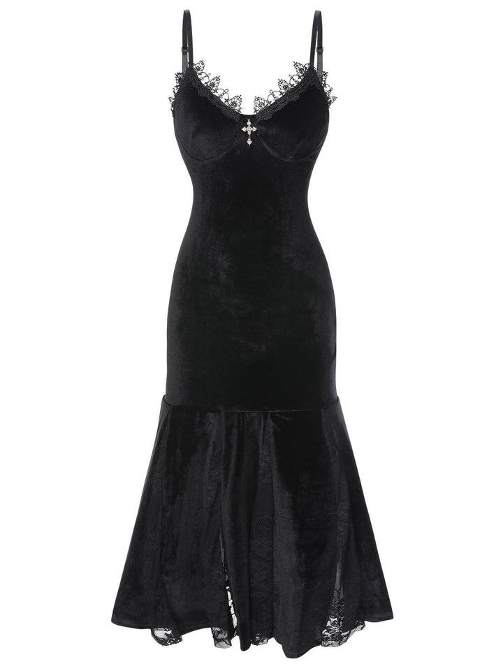 She slips into this Black 1930s Spaghetti Strap Cross Lace Dress and suddenly it&
