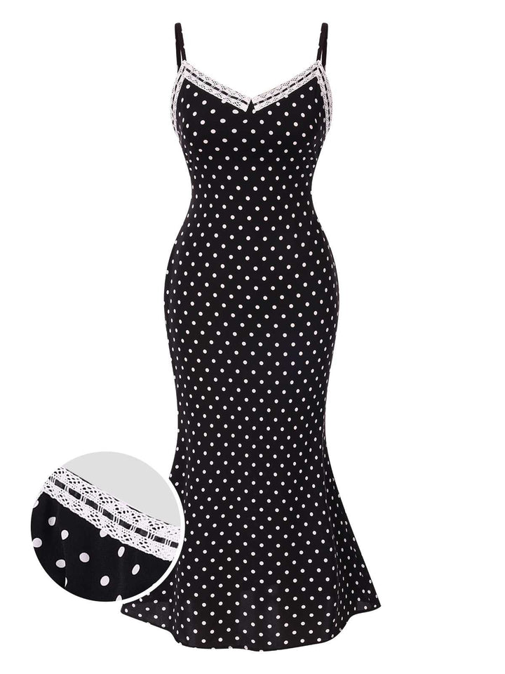 She slips into this Black 1930s Spaghetti Strap Polka Dots Mermaid Dress and suddenly it&