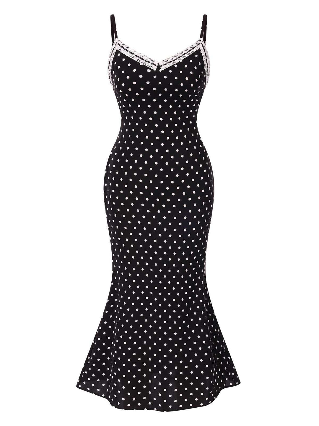 Black 1930s Spaghetti Strap Polka Dots Mermaid Dress: where 1930s romance meets her modern spirit