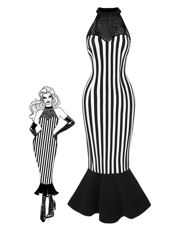 She slips into this Black 1930s Spiderweb Mesh Stripe Fishtail Dress and suddenly it&