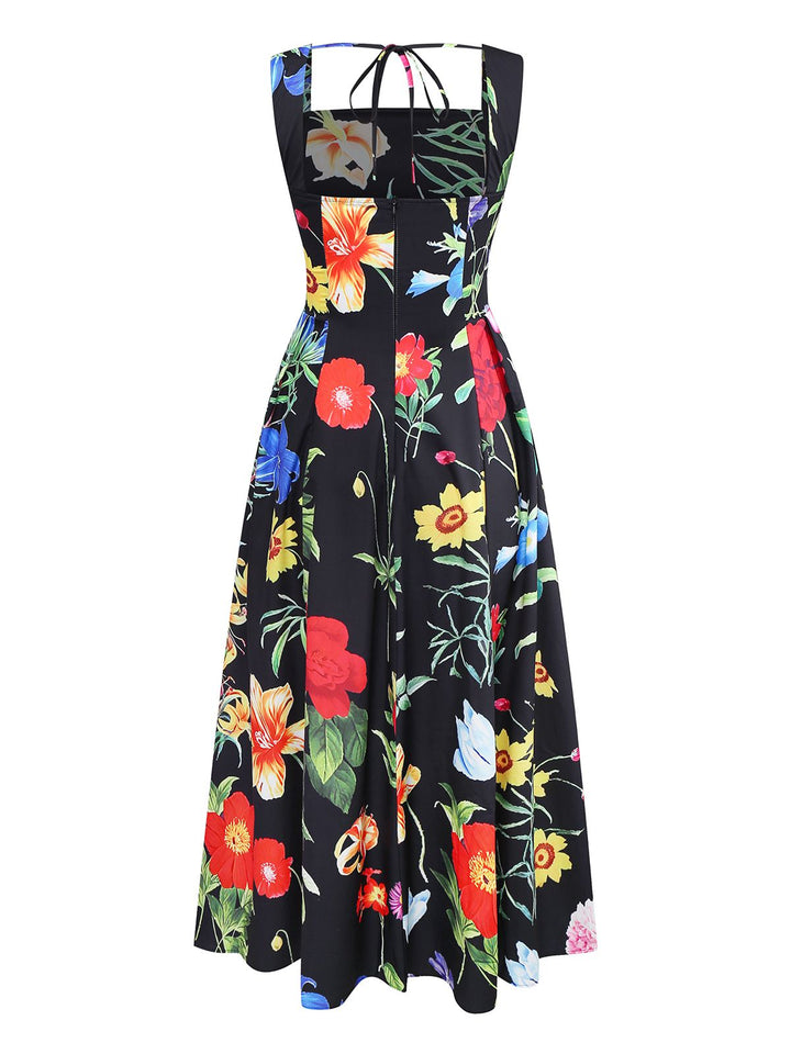 Black 1930s Square Neck Floral Maxi Dress - vintage dress, retro fashion, classic black