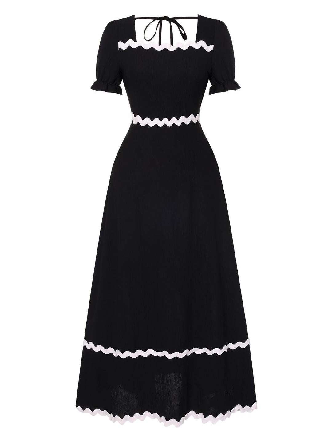 Black 1930s Square Neck Lace-Up Puff Sleeve Dress, vintage dress, retro fashion, lace detail - perfect for women who love vintage and retro fashion