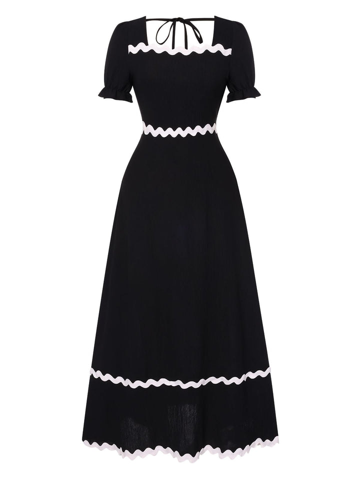 Black 1930s Square Neck Lace-Up Puff Sleeve Dress, vintage dress, retro fashion, lace detail - perfect for women who love vintage and retro fashion