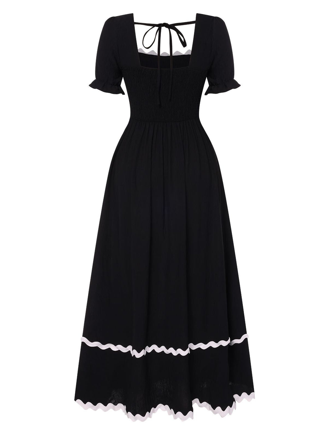 Black 1930s Square Neck Lace-Up Puff Sleeve Dress, vintage dress, retro fashion, lace detail - perfect for women who love vintage and retro fashion