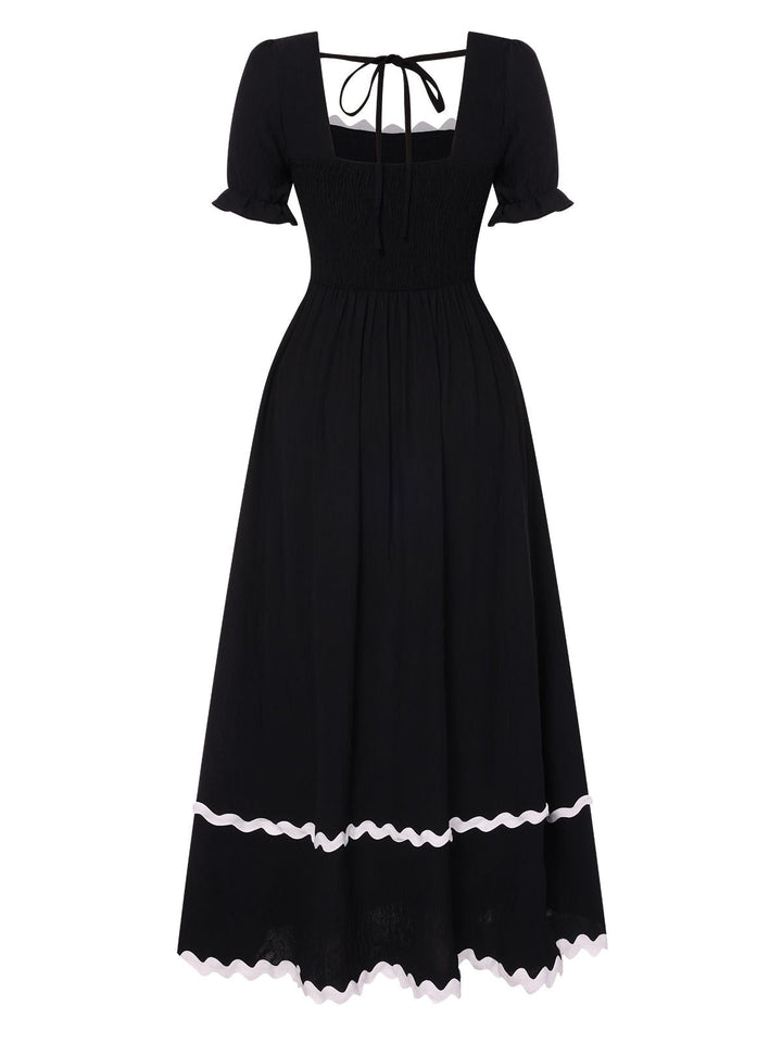 Black 1930s Square Neck Lace-Up Puff Sleeve Dress, vintage dress, retro fashion, lace detail - perfect for women who love vintage and retro fashion