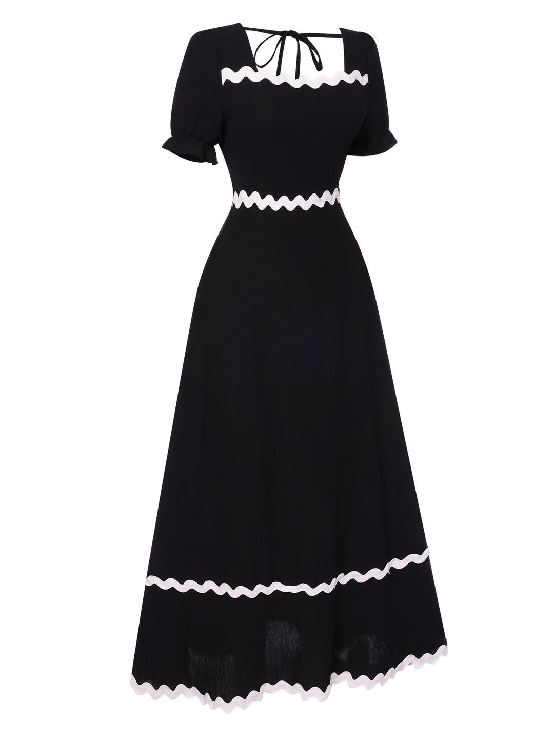 Black 1930s Square Neck Lace-Up Puff Sleeve Dress, vintage dress, retro fashion, lace detail - perfect for women who love vintage and retro fashion