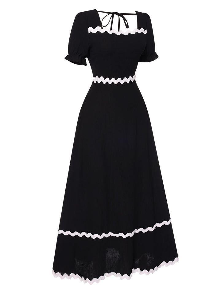 Black 1930s Square Neck Lace-Up Puff Sleeve Dress, vintage dress, retro fashion, lace detail - perfect for women who love vintage and retro fashion