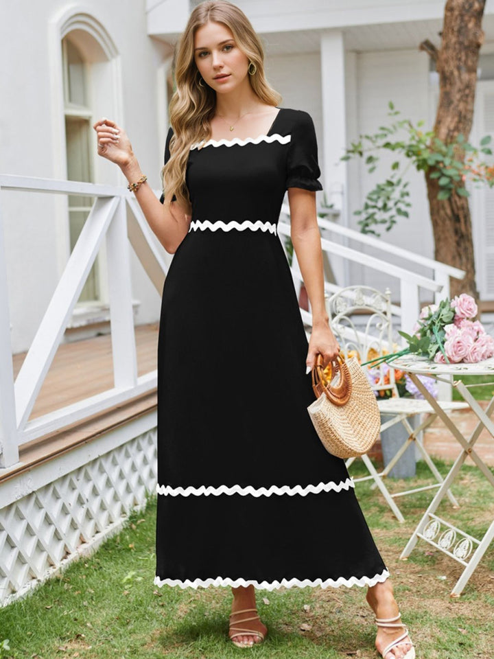 She slips into this Black 1930s Square Neck Lace-Up Puff Sleeve Dress and suddenly it&