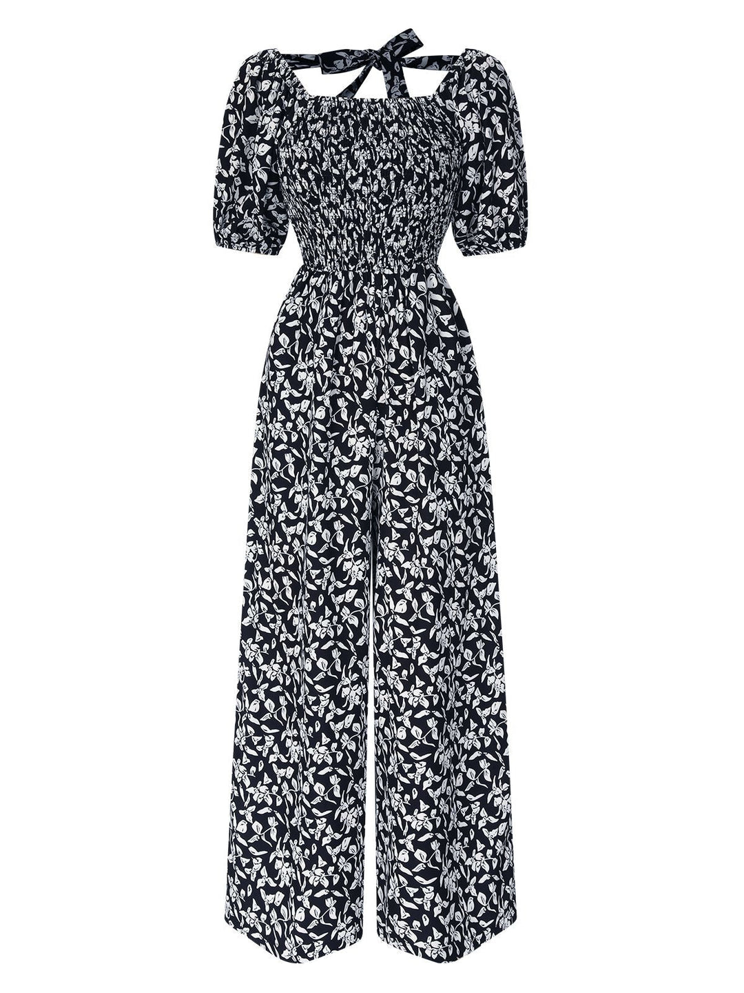 Black 1930s Square Neck Puff Floral Jumpsuit, vintage romper, retro jumpsuit - perfect for women who love vintage and retro fashion