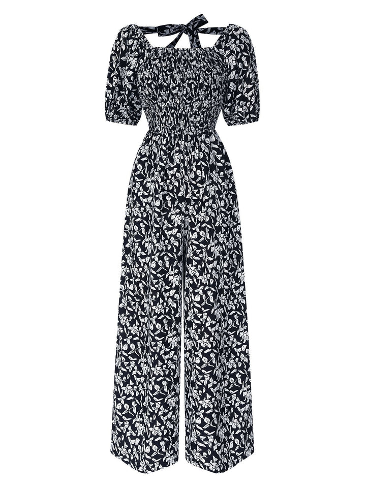Black 1930s Square Neck Puff Floral Jumpsuit, vintage romper, retro jumpsuit - perfect for women who love vintage and retro fashion