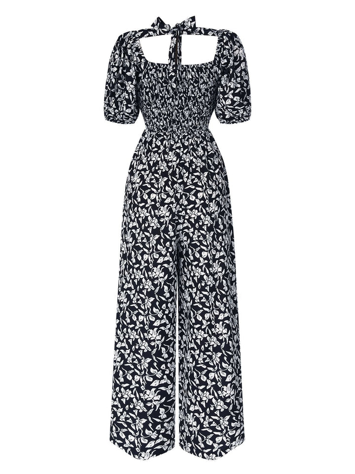 Black 1930s Square Neck Puff Floral Jumpsuit, vintage romper, retro jumpsuit - perfect for women who love vintage and retro fashion