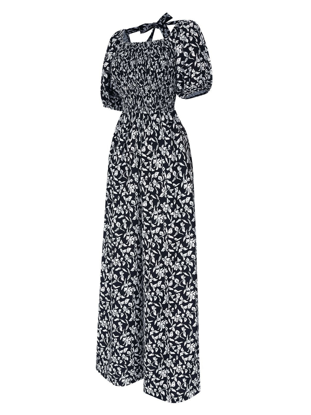 Black 1930s Square Neck Puff Floral Jumpsuit, vintage romper, retro jumpsuit - perfect for women who love vintage and retro fashion