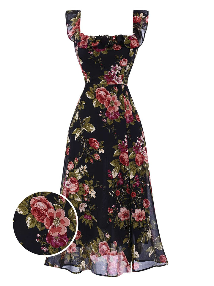 She slips into this Black 1930s Square Neck Ruffled Floral Dress and suddenly it&