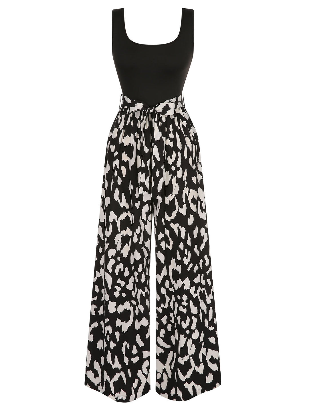 Black 1930s U-Neck Graphic Print Belted Jumpsuit, vintage romper, retro jumpsuit - perfect for women who love vintage and retro fashion