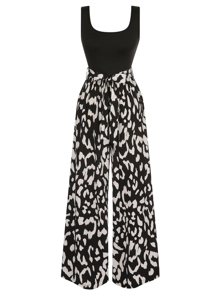 Black 1930s U-Neck Graphic Print Belted Jumpsuit, vintage romper, retro jumpsuit - perfect for women who love vintage and retro fashion
