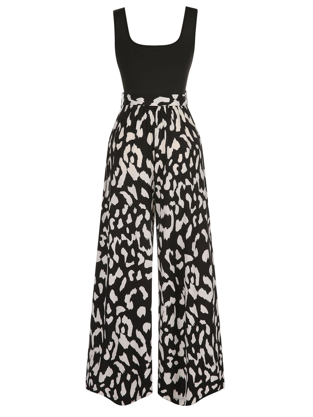 Black 1930s U-Neck Graphic Print Belted Jumpsuit, vintage romper, retro jumpsuit - perfect for women who love vintage and retro fashion