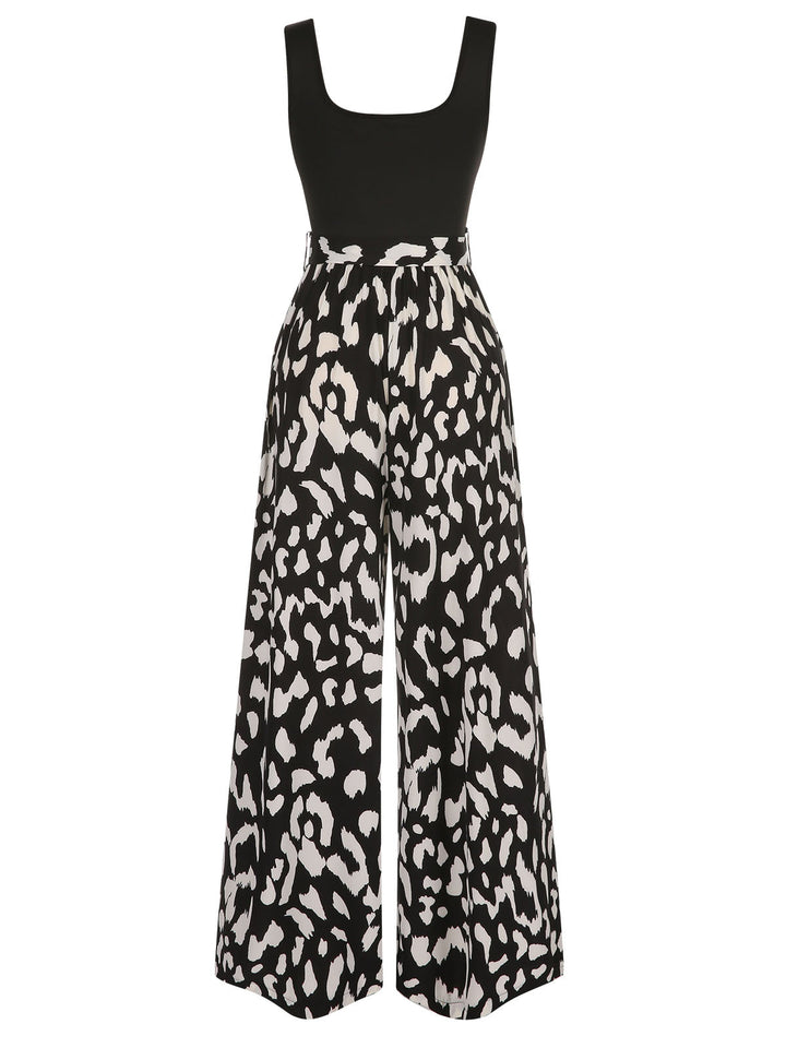Black 1930s U-Neck Graphic Print Belted Jumpsuit, vintage romper, retro jumpsuit - perfect for women who love vintage and retro fashion