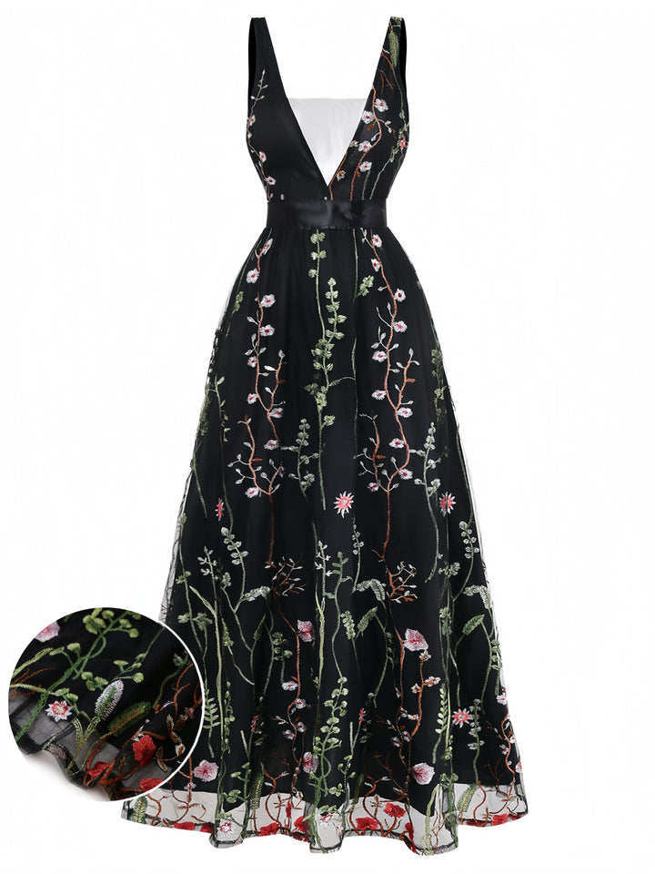 Black 1930s V Neck Vintage Dress