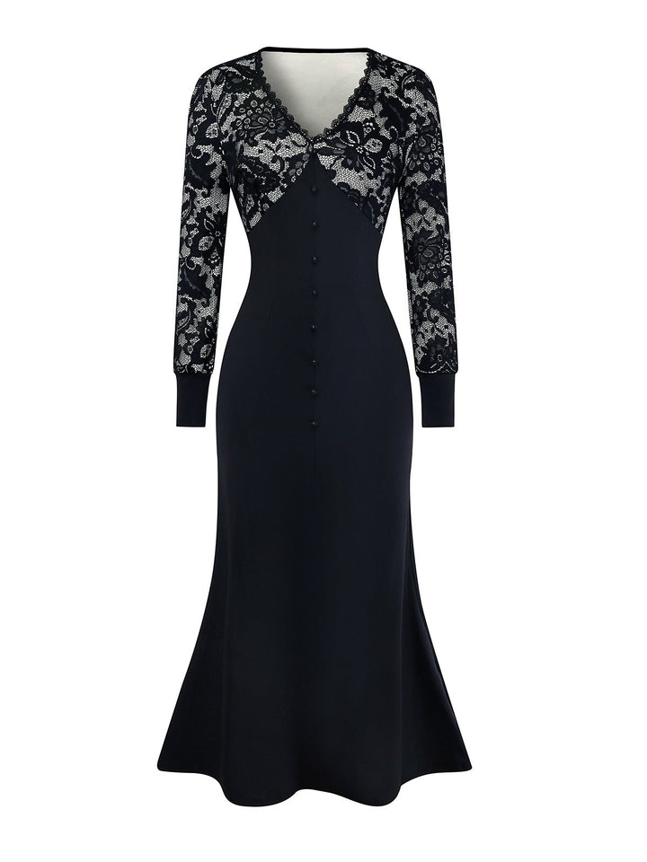 Black 1930s V-Neck Floral Lace Fishtail Dress - vintage dress, retro fashion, classic black