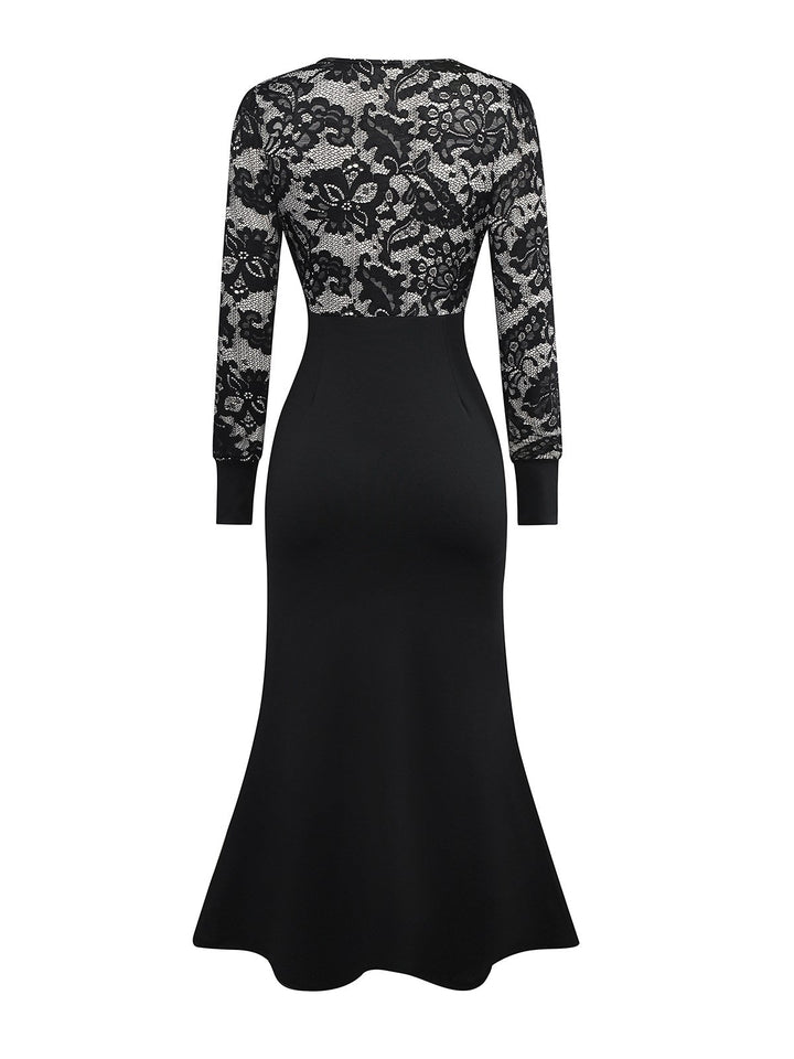 Black 1930s V-Neck Floral Lace Fishtail Dress - vintage dress, retro fashion, classic black