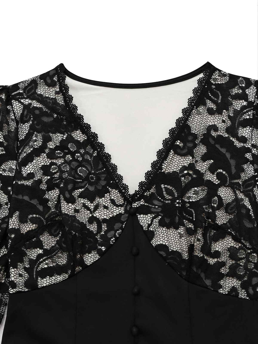 Black 1930s V-Neck Floral Lace Fishtail Dress - vintage dress, retro fashion, classic black