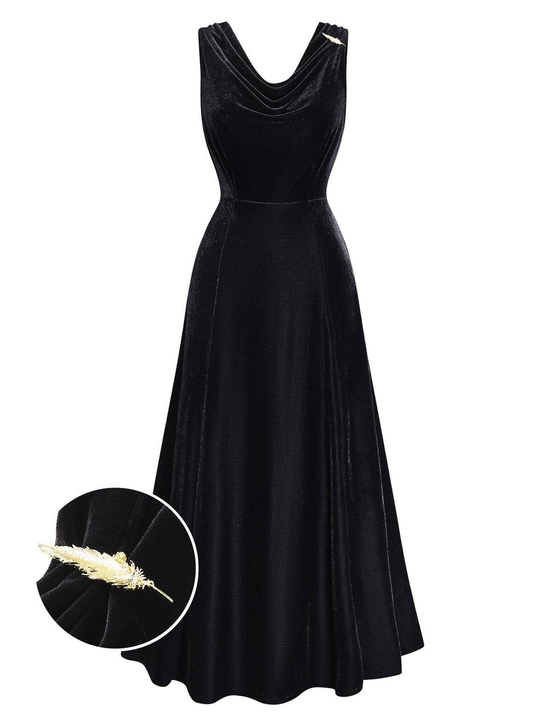 Black 1930s Velvet Cowl Neck Feather Brooch Dress - vintage dress, retro fashion, classic black