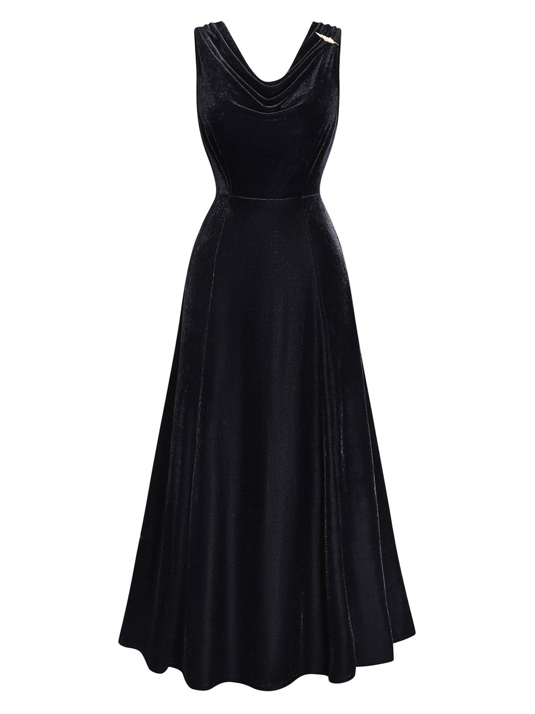 Black 1930s Velvet Cowl Neck Feather Brooch Dress - vintage dress, retro fashion, classic black