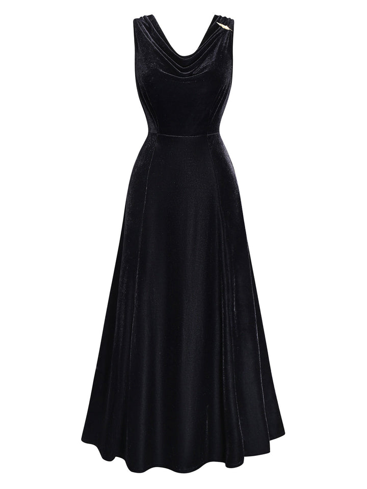 Black 1930s Velvet Cowl Neck Feather Brooch Dress - vintage dress, retro fashion, classic black