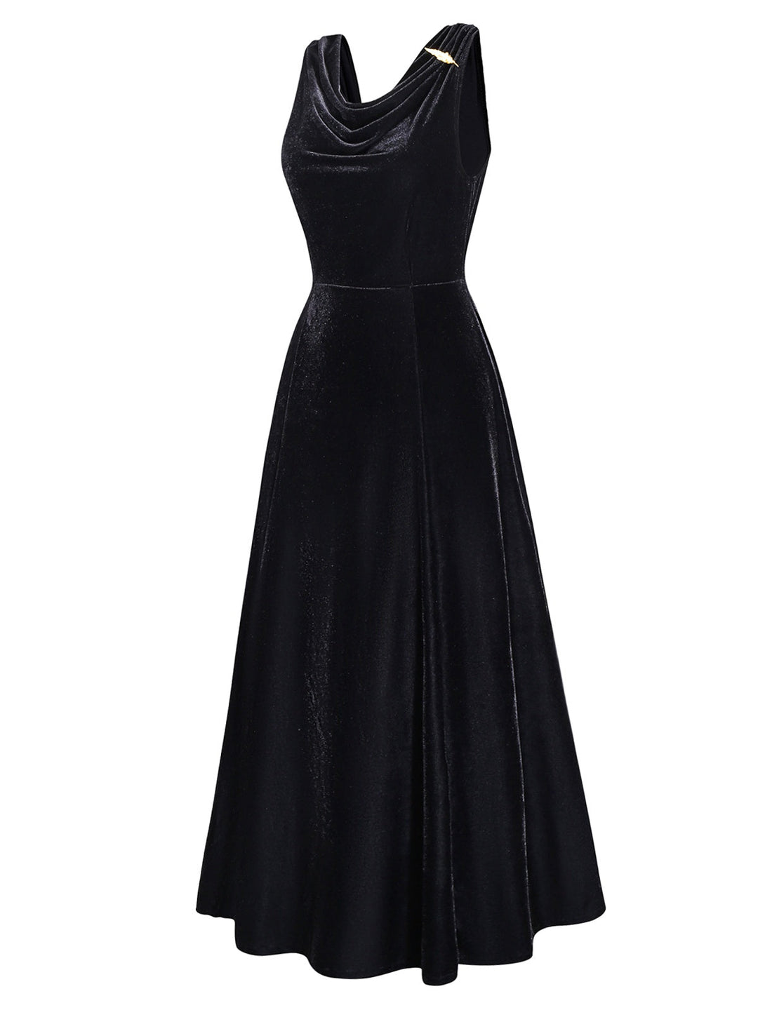 Black 1930s Velvet Cowl Neck Feather Brooch Dress - vintage dress, retro fashion, classic black