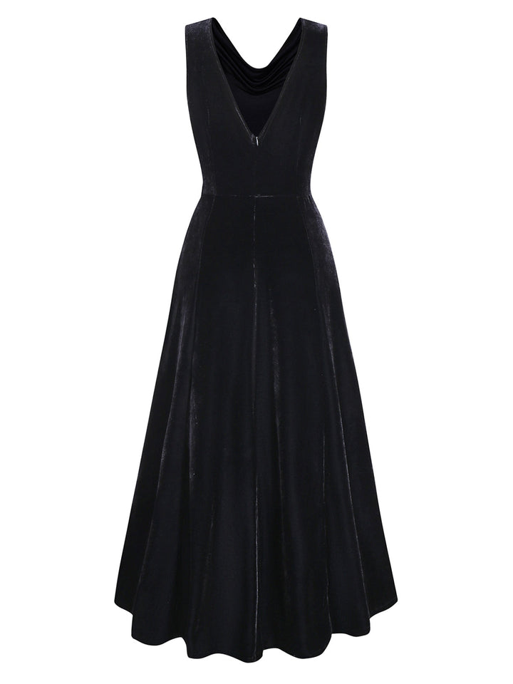 Black 1930s Velvet Cowl Neck Feather Brooch Dress - vintage dress, retro fashion, classic black