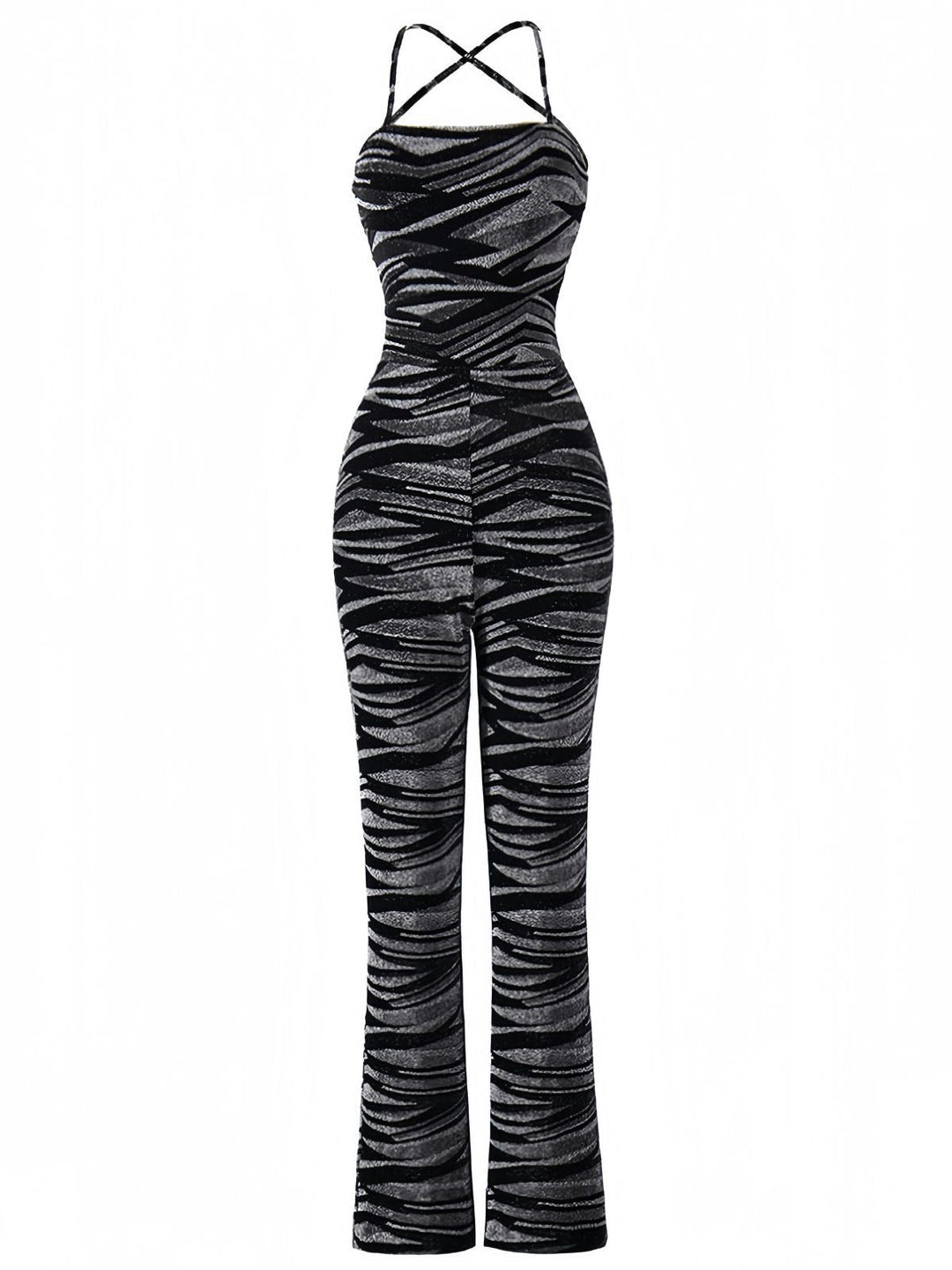 Black 1930s Zebra Print Halter Backless Jumpsuit - vintage jumpsuit, retro fashion, classic black