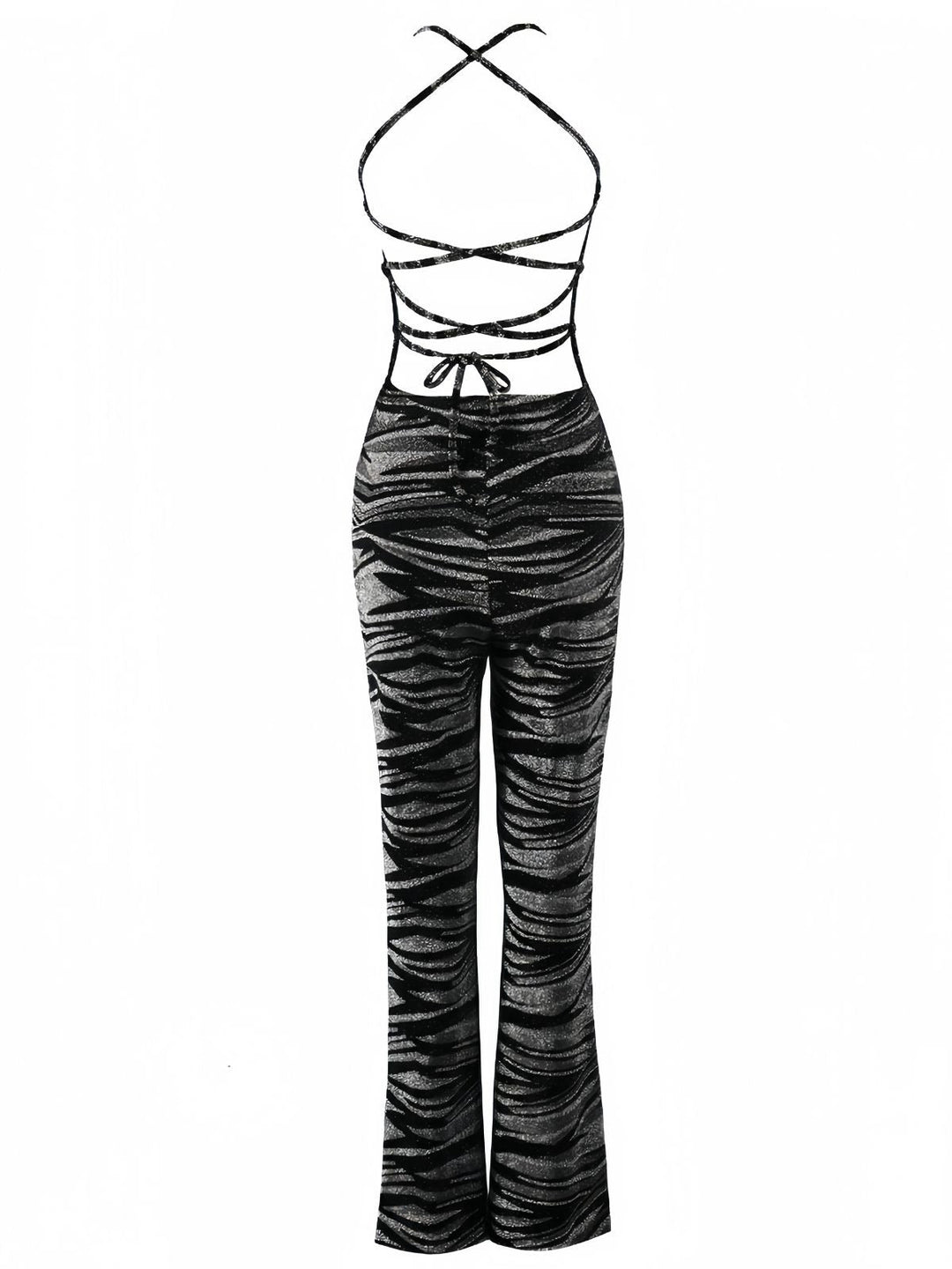 Black 1930s Zebra Print Halter Backless Jumpsuit - vintage jumpsuit, retro fashion, classic black