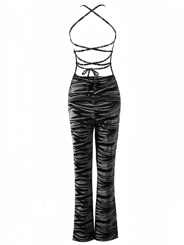 Black 1930s Zebra Print Halter Backless Jumpsuit - vintage jumpsuit, retro fashion, classic black