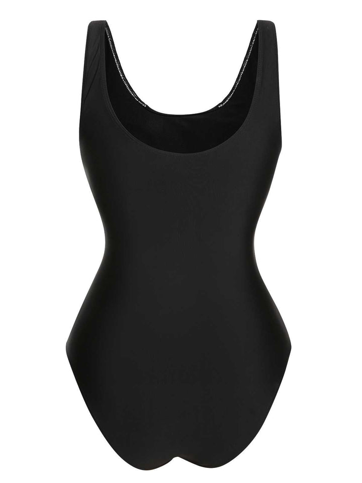 This Black 1940s Contrast One-Piece Swimsuit carries 1940s vacation dreams in every stitch