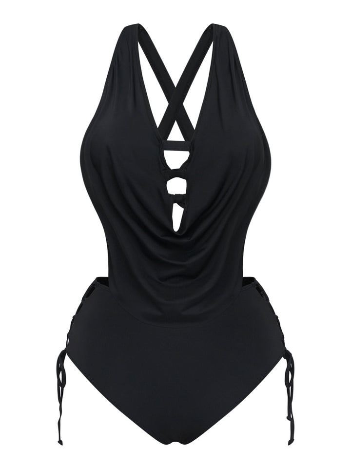Black 1940s Crisscross Cutout Lace-Up Tankini Set: beautiful vintage fashion, retro style, classic elegance with timeless appeal