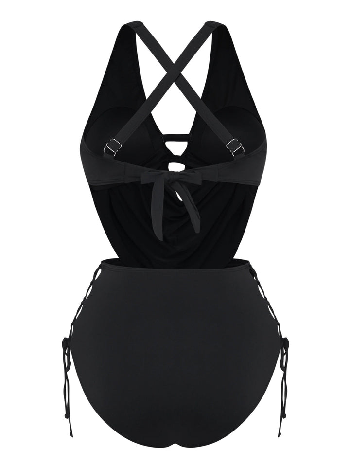 Black 1940s Crisscross Cutout Lace-Up Tankini Set | vintage fashion, retro style, classic elegance - perfect for retro fashion enthusiasts