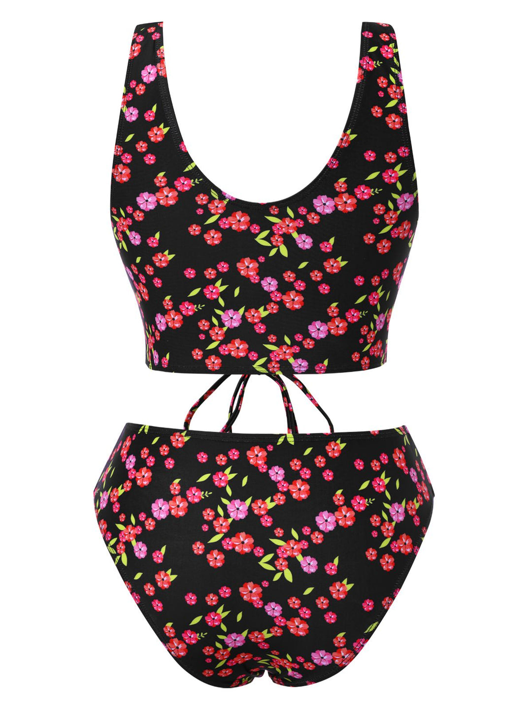 Black 1940s Ditsy Floral Lace-Up Tankini Set, vintage fashion, retro style - perfect for women who love vintage and retro fashion